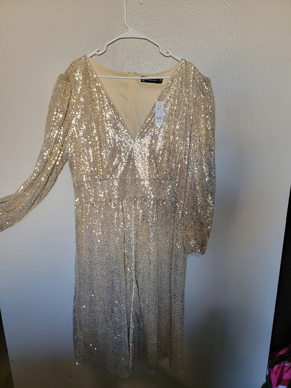 New York & Company Gold Sequin Long Sleeve V-Neck Dress